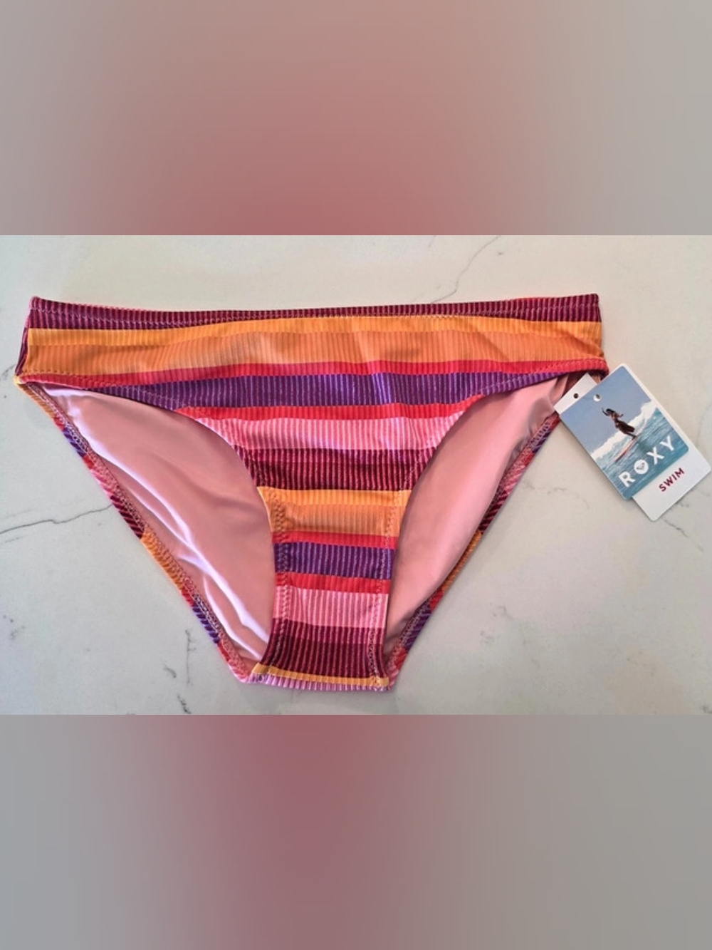 Roxy Coastal Full Hipster Striped Bikini Bottom Pink Orange Women Sz Small NWT